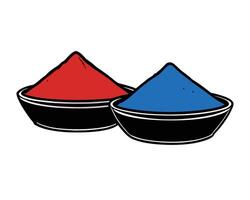 Two bowls containing red and blue powder with dark colored bowls on a white background vector