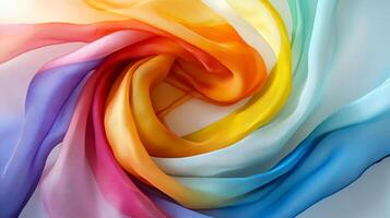 Colorful silk fabric swirling in a graceful motion, showcasing vibrant hues of red, orange, yellow, green, blue, and purple, creating a visually stunning abstract pattern photo