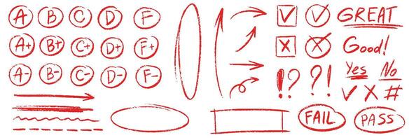 Exam grade test red pen mark. Crayon school test results different hand drawn signs. Teacher scores of student homework. handwritten scribble academic symbols on white background vector