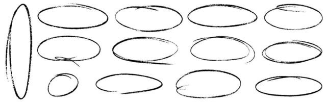 Hand drawn crayon ovals and circles. Ellipses pencil doodle style set. Red round rough thin frames. Round freehand shapes, emphasis highlights. elements for hand drawn diagrams vector