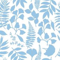 Seamless pattern of tropical blue forest leaves. Silhouette of ginkgo, fern vector