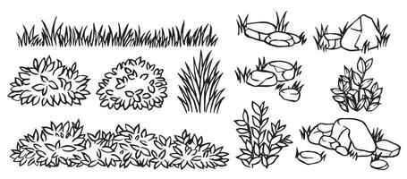 Set of landscape elements of different bushes, plants, grass and stones. Illustration in doodle style. vector