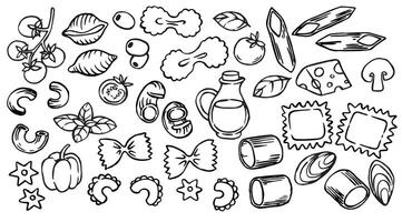 Set of ingredients for Italian pasta. Illustration in doodle style. vector