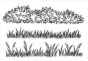 set of landscape elements, bushes, grass border. illustration in doodle style vector