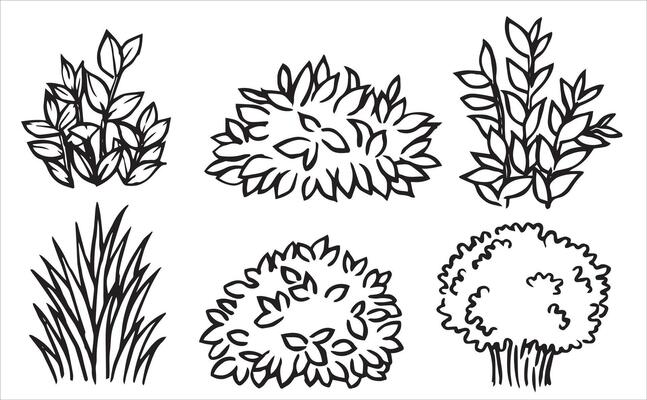 Set of landscape elements of different bushes and plants. Illustration in doodle style