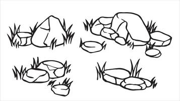 set of landscape elements, stones with grass. illustration in doodle style vector