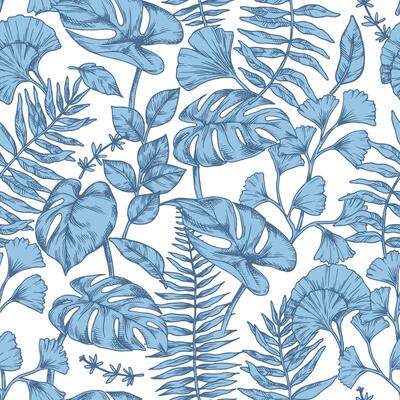 Seamless pattern of tropical blue forest leaves. Sketch style illustration. monstera, fern, eucalyptus