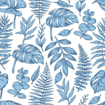 Seamless pattern of tropical blue forest leaves. Illustration in sketch style. monstera, fern, eucalyptus