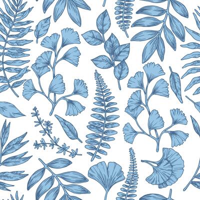 Seamless pattern of tropical blue forest leaves. Sketch illustration style. Ginkgo, fern