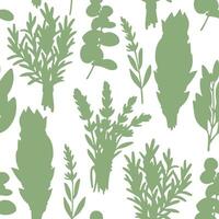Seamless pattern with silhouette of medicinal herbs, rosemary, lavender, sage. Sketch style illustration. vector