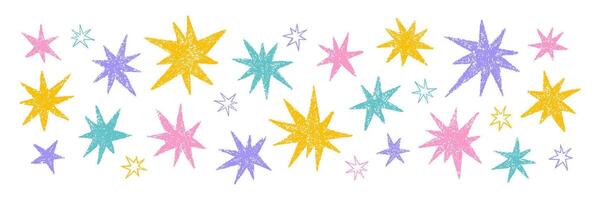 Crayon hand drawn doodle colorful stars set. Childish pencil drawing cosmic sparks and sparkles. texture illustration in pastel colors vector