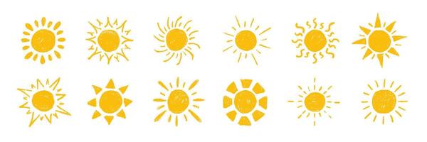 Crayon pencil hand drawn sun set. Chalk twinkle, blink, firework, silhouette and sparkles glowing symbols in sketch style. doodle texture illustration vector