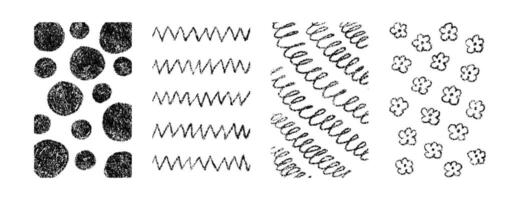 Hand drawn crayon textures pattern set. Childish freehand scribble and shapes background. Collection of design elements wavy lines, circles, zigzags, and flowers vector