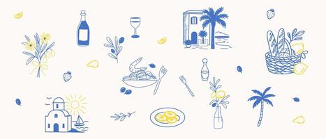 Sketch Vintage Amalfi Style Element. Mediterranean life Atmosphere Food Drink Symbol. Hand Drawn Travel Card, Wedding Invitation, Poster Print Design, Postcard Surface. Outline Line Stroke Icon Art. vector