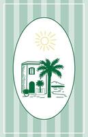 Line House and Palm Tree on Island Illustration. Tropical Travel rest Theme. Outline Sketch Contour Drawn Art. Travel Agency Card Invitation Poster Decoration Design. vector