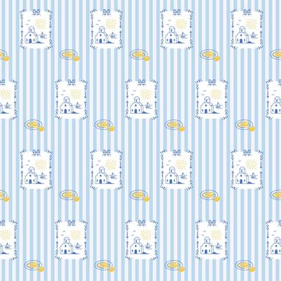Outline Building House and Boat Seamless Pattern. Sketch Vintage Wrapping Paper Print. Doodle Line Mediterranean Amalfi Style Stroke Symbol Textile Swatch. Striped Minimalist Hand Drawn Surface Design