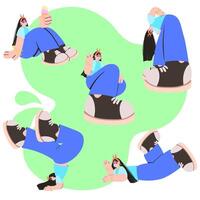 Colorful illustration of playful characters sitting vector
