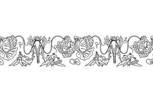 Line art botanical decorative different vegetables horizontal border seamless pattern isolated on white background. Hand drawn outline veggies with Cabbage Carrot Peas Pepper Onion, design Card vector
