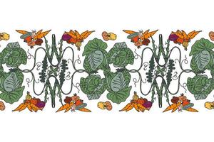 Botanical decorative different vegetables horizontal seamless pattern border isolated on white background. Hand drawn colorful veggies plants with Cabbage Carrot Peas Pepper Onion illustration vector