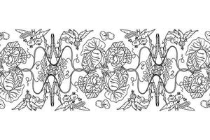 Line art botanical decorative different vegetables horizontal border seamless pattern isolated on white background. Hand drawn outline veggies with Cabbage Carrot Peas Pepper Onion. design banner vector