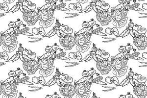 Line art botanical vegetables seamless pattern illustration. Repeating different veggies with Cabbage Carrot Peas Pepper Onion Tomato in white background. Graphic design for Cover Card vector
