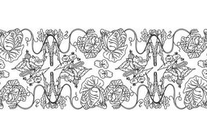 Line art botanical decorative different vegetables horizontal border seamless pattern isolated on white background. Hand drawn outline veggies with Cabbage Carrot Peas Pepper Onion design graphic vector