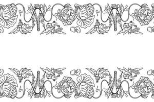 Line art botanical decorative different vegetables horizontal border seamless pattern isolated on white background. Hand drawn outline veggies with Cabbage Carrot Peas Pepper Onion. illustration vector