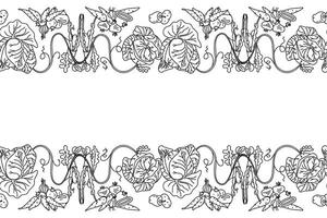 Line art botanical decorative different vegetables horizontal border seamless pattern isolated on white background. Hand drawn outline veggies with Cabbage Carrot Peas Pepper Onion. design Card vector