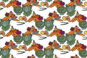 Botanical colorful vegetables seamless pattern illustration. Repeating cartoon different veggies with Cabbage Carrot Peas Pepper Onion Tomato in white background. Graphic design for Cover Card vector