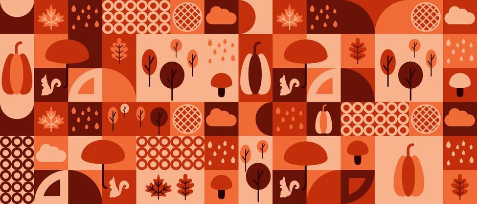 Autumn geometric background and abstract Thanksgiving pattern. Pumpkin, pie, oak leaf flat geometry graphic for invitation cover or promotion mosaic. Squirrel and rain ornament illustration .