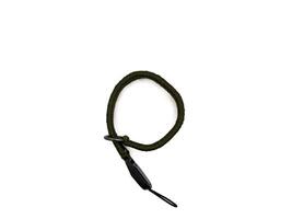 Green camera strap in the form of a rope on a white background. copy space, flay lay photo
