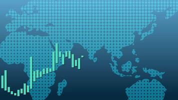 Dynamic animation of candlestick graphs over a world map, illustrating global financial trends with smooth transitions and vibrant colors video