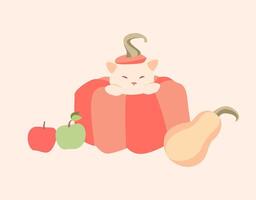 Funny autumn illustration of a cute white cat peeking out of a pumpkin in warm, pastel colours. Great for greeting cards, print, stationery, autumn decor, or social media graphics vector
