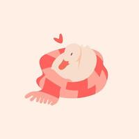 Illustration of a cute duck sitting cosy wrapped in a scarf. The image is in warm bright colours of red and beige. Perfect for greeting cards, clothing prints, children's textiles, stationery, pin vector