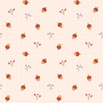 A seamless autumn pattern with acorns and berries on a light cream background with a grid. Perfect for autumn textiles, wallpapers, bed prints, pyjamas, umbrellas, raincoats, bedding