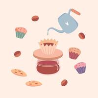 A cute coffee set with alternative coffee brewing, pour over, a cute teapot, desserts and coffee beans. Suitable for branding, stickers, badges, coffee shop design, cafes, greeting cards, vector