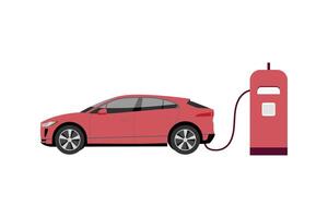 Electric smart car charging parking at the charger station with a plug in cable vector