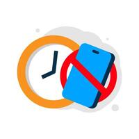 Illustration of a clock showing 8 PM and smartphone with a red prohibition sign, representing digital detox, healthy sleep habits, and a reminder to turn off mobile devices before bedtime vector