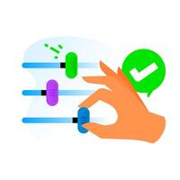 illustration of hand adjusting toggle slider, check mark. user customization, successful settings adjustment, personalized control. for app UI, dashboard interfaces, privacy settings, user preferences vector