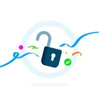 Open padlock with check mark and festive ribbons. Concept of unlocked feature, granted access, login success, permission approved, secure access, or data unlocked. Illustration for apps or website ui vector