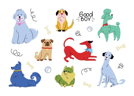Set of cute hand-drawn dog doodles in cartoon flat style. Includes various breeds, fun text elements, toys, bones, and playful shapes. Perfect for kids, pet lovers, and creative dog-themed projects.