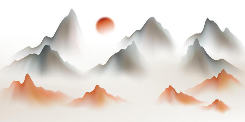 A mountain range with fog and sun in the background