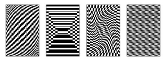 Set of mesmerizing Op Art patterns creating dynamic optical illusions. Featuring bold black and white stripes, waves, and checkerboard grids for futuristic and psychedelic designs, backgrounds, or art vector