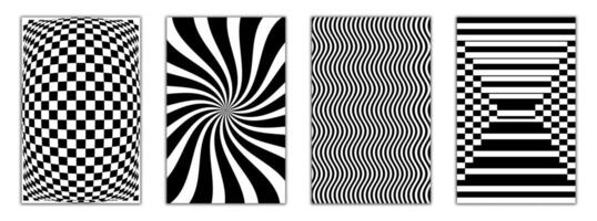 Set of captivating Op Art backgrounds. Black and white optical illusions with checkerboard, spiral, wavy, and striped patterns. Perfect for abstract, psychedelic, and retro designs. vector