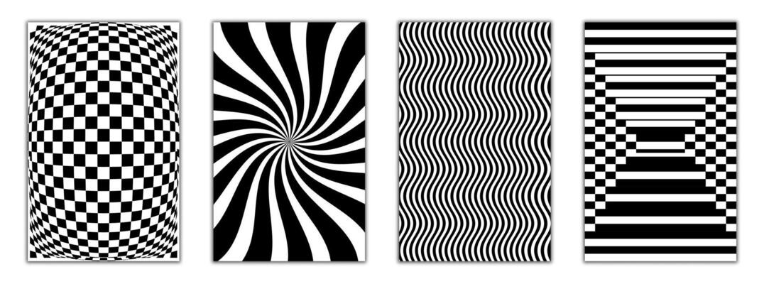 Set of captivating Op Art backgrounds. Black and white optical illusions with checkerboard, spiral, wavy, and striped patterns. Perfect for abstract, psychedelic, and retro designs.