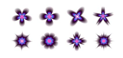 Set of vibrant abstract flower shapes with holographic gradients. Modern, psychedelic, and futuristic floral elements perfect for digital art, contemporary designs, backgrounds, and creative projects. vector