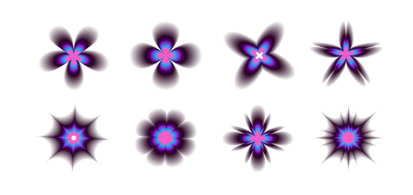 Set of vibrant abstract flower shapes with holographic gradients. Modern, psychedelic, and futuristic floral elements perfect for digital art, contemporary designs, backgrounds, and creative projects.