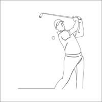 Continuous line drawing of a male golfer finishing his swing after hitting a golf ball, wearing a cap and shirt, in minimalist line art style on white background. vector