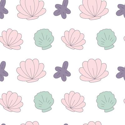 Seamless marine-themed pattern in pastel colors. Pink and green shells, purple starfish.