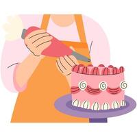 Hand squeezing cream onto a cake. Decorating dessert with whipped topping using piping bag. Flat cartoon illustration of sweet pastry preparation or baking process. vector